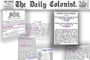 A collage featuring the masthead of The Daily Colonist alongside several historical newspaper article snippets, with specific words and phrases boxed in pink throughout the text, illustrating how OCR entity recognition technology identifies and tags meaningful terms within archival documents.